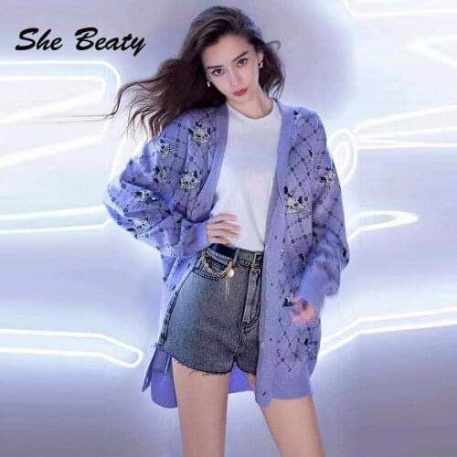 She Beaty Sweater Cardigan Women Single Breasted Loose Casual Cartoon Cat Plaid Korean Fashion 2021 Autumn Winter Traf Tops Ropa
