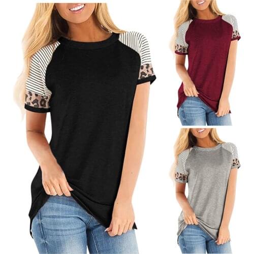 Short Splicing Sleeve Tops Women Stripe Classic Casual Leopard O-neck T-shirt Loose Summer Clothes Loose Top Mujer