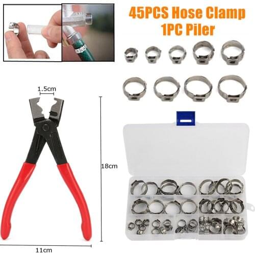 45Pcs Stainless Steel 1-Ear Stepless Fuel Clamp Worm Drive Fuel Water Hose Pipe Clamps Clips+ 1PC Hose Clip Clamp Pliers