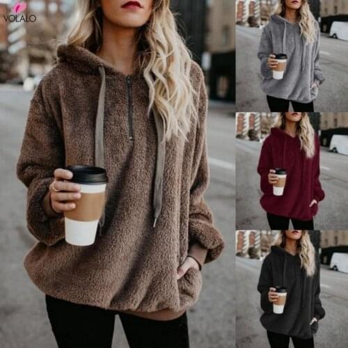 Fashing Women Fleece Hoodies 2021 Long Sleeve Hooded Pullover Sweatshirt Autumn Winter Warm Zipper Pocket Fur Coat Plus Size 5XL