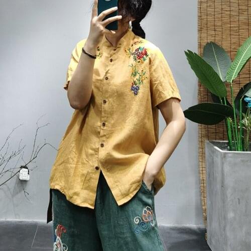 QPFJQD Ladies Embroidered Linen Stand Collar Chinese Style Blouses Short Sleeve Women Flax Vintage Shirts And Tops 2021 Summer