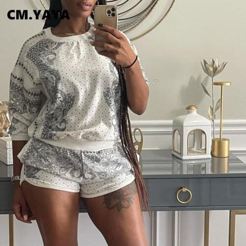 CM.YAYA Women Paisley Two 2 Piece Set Classic Sweatshirt and Shorts Active Matching Set Outfits Yoga Sport Tracksuit Sweatsuit