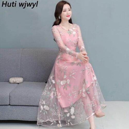 High Quality 2021 Spring Autumn Chiffon Maxi Dress Vintage Embroidered Floral Plus Size Dress Women Bodycon Party Pink Vestidos