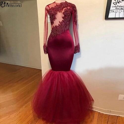 Burgundy Mermaid Prom Dresses 2020 Appliques Lace Party Maxys Tulle Skirt Long Sleeves Prom Gown Evening Dress vestidos de gala