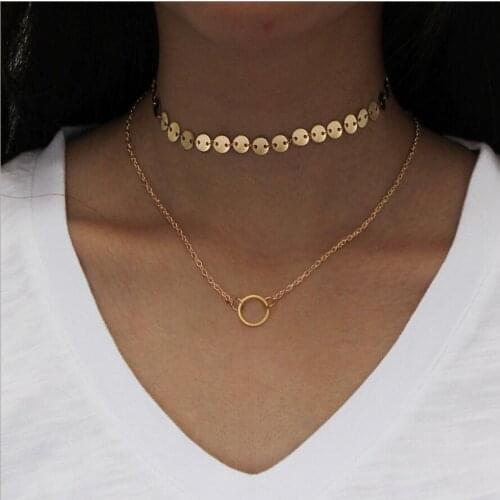 Hot Fashion Vintage Choker Necklace Simple 2 Layer Collar Sequins Satement Necklace For Women Jewelry Bijoux