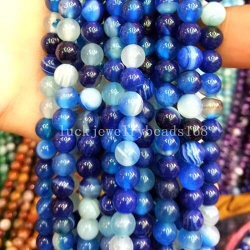 Free Shipping Fashion Jewelry 6mm Beautiful Blue Stripes Carnelian Round Loose Beads 15" FG7124