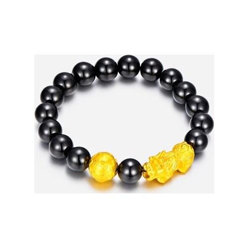 Solid 24K Yellow Gold Lucky Bracelet 3D Craft Pixiu with Black Agate Bracelet