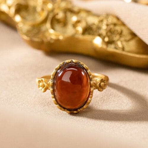 S925 Sterling Silver Pomegranate Ring Natural Blood Amber Ring Simple Temperamental All-Match Offset Spanner Ring Ornament Women