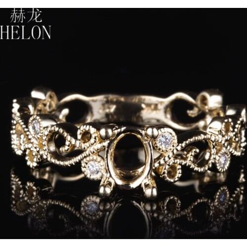 HELON 3x5-4x6mm Oval Solid 14K Yellow Gold Pave Natural Diamond Semi Mount Engagement Ring Setting For Women Birthday Best Gift