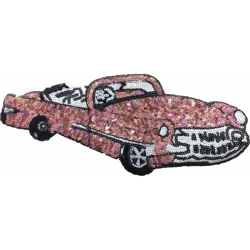 New Pink Open Car Sequined Patches for Clothes T-shirt DIY Decoration Iron on Patch 26 x 11 cm Sequins Car Embroidery Appliques
