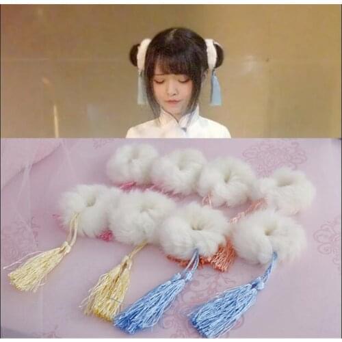 Princess sweet lolita hair rope Show the lovely girl fake rabbit fur ball with tassels hair ring hair rope B506