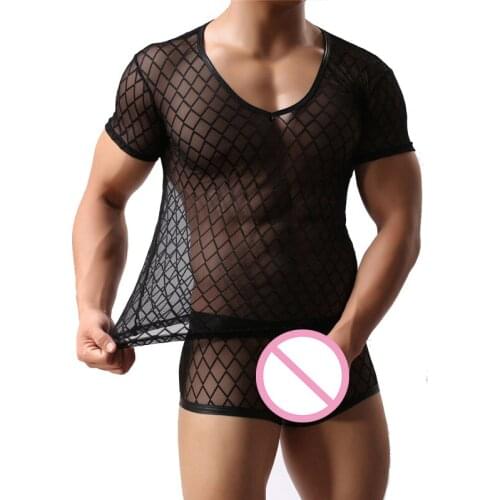 See Through Mesh Shirt Men Underwear Set Male Undershirts Fitness Tops Tee Pajamas Boxer Shorts Underpants Sexy Mens Clothes Set