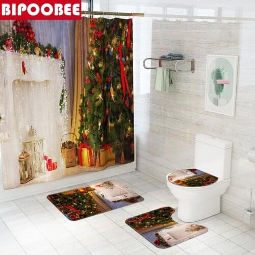 Merry Christmas Shower Curtains Set Parlour Fireplace Gift Print Bath Mat Toilet Cover Anti-slip Rugs Festival Bathroom Curtain