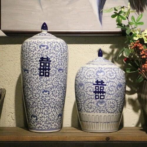 Happy Chinese jar Characters Blue And White Wax Gourd Chinese Antique Old Storage jar Home Furnishing porcelain ceramic jar