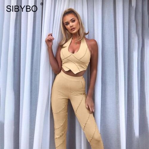 Sibybo 2 Piece Set Fitness Sport Set Women Summer Sleeveless Halter Crop Top And Workout Legging Suit Female Casual Outfits 2021