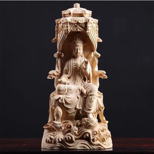 18cm Guanyin Sculpture Wood Buddha Statue Feng Shui Guan Yin Worship Healthy Lucky Home Decor