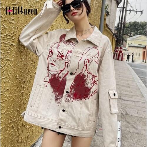 Ladies Loose Locomotive Printed Single Breasted Denim Jacket Coats Streetwear Women Long Sleeve Lapel Loose Jeans Jacket Tops