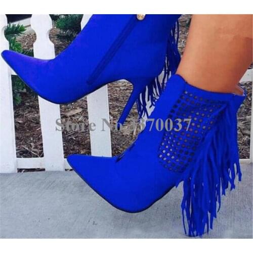 New Fashion Women Pointed Toe Blue Suede Leather Tassels Ankle Boots Cut-out Fringes High Heel Short Boots Unique Shoes