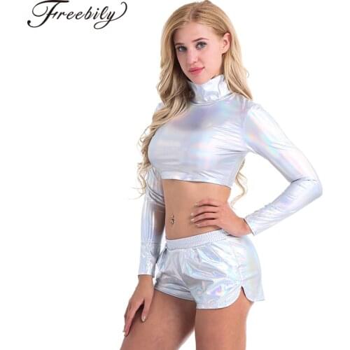 Women Shiny Patent Leather Long Sleeves Turtleneck Crop Top Club Party Stage Performance Festival Rave Costume Pole Dance Tops
