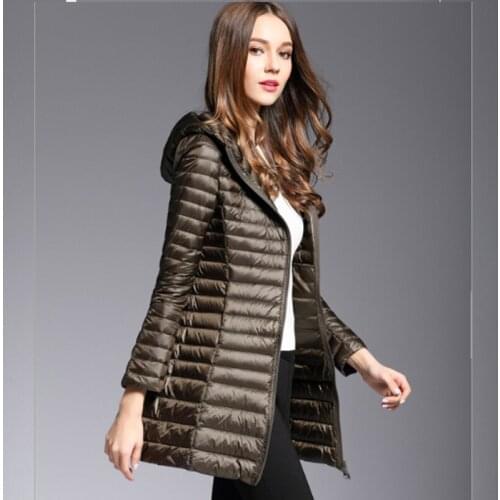 Women khaki/red/purple/black/red wine color fall winter Long thin hooded down jacket lady thick coat female coats jackets gifts