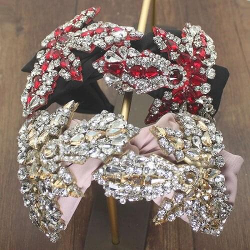 Elegant Luxury Fashion Hair Accessories Wide Side Headband Red Chanpagne Crystal Baroque Hairband bow Headwear For Women Wedding