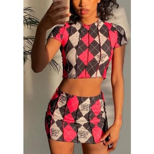 90s Vintage Skull Plaid Vintage Two Piece Sets Women Summer Dress Sets Sexy Crop Tops+Skirt Club Party Hot Girls Outfits 2021New