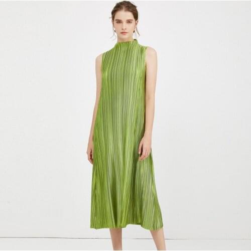 Summer 2020 Women Brief Elegant Slim Midi Casual Loose Pleated High Elastic Folds Fabric Oversized Long Dress
