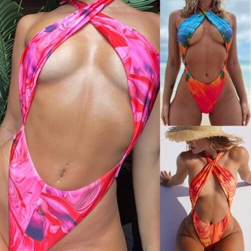 40GC Women Sexy One-Piece Brazilian Bikini Halter Criss-Cross Neck Monokini Hollow Front Gradient Tie-Dye High Cut Swimsuit
