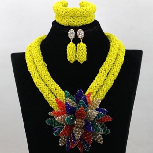 2017 Hot Floral African Yellow Crystal Beads Jewelry Set Fashion Nigerian Beads African Wedding Jewelry Set Free Shipping QW443
