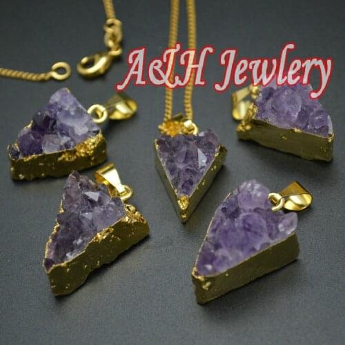 5pcs High Quality Natural Crystal Drusy Pendant Purple Color Triangle Shape Gold Color Necklace