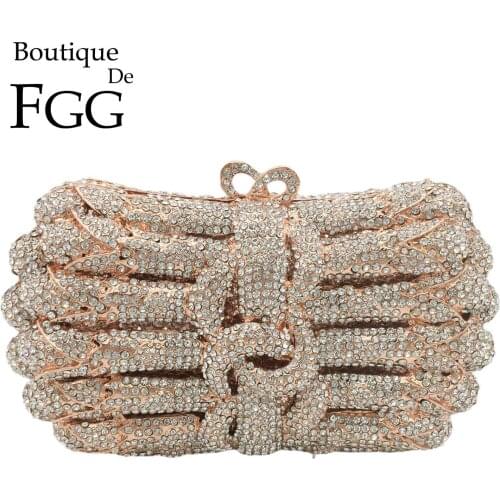 Boutique De FGG Rose-Gold Women Crystal Clutch Evening Bags Wedding Bridal Rhinestone Handbags Party Dinner Minaudiere Purses