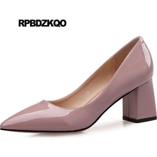 Cheap Red High Heels Shoes Size 4 34 Women 3 Inch Pink Pumps Block 2018 Patent Leather Wine Wedding Pointed Toe Medium Autumn