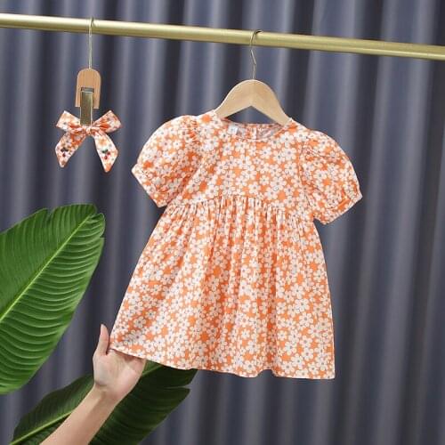 Kids Clothes Girls Floral Print Princess Dress Baby Girl Summer Dress 2021 Children Dresses Vestidos With A Hairpin 3 Colors