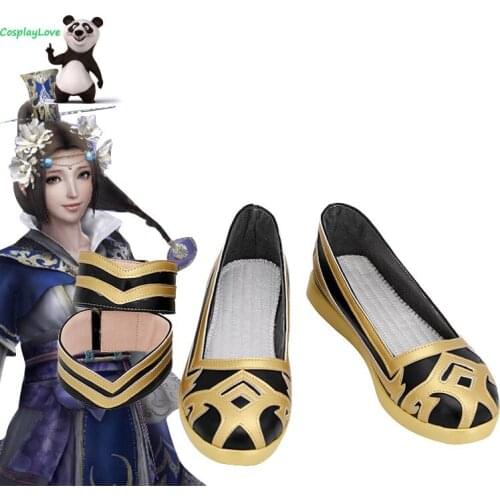 Dynasty Warriors 7 Cai Wenji Gold Black Shoes Cosplay Long Boots Leather Custom Made For Halloween Christmas