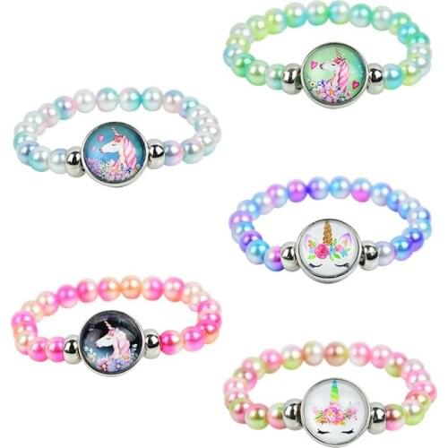 Unicorn Beads Bracelets Snap Holder Buttons Dome Cabochon Unicorn Charms Trendy Bracelets with Crystal Beads Women Jewelry Gifts