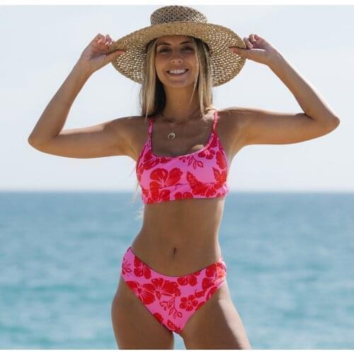 Rexcool 2021 New Pink Leaves Printed High Waist Two Pieces Bikini Set Swimsuit Female Women Beachwear Swimwear Bathing Suit
