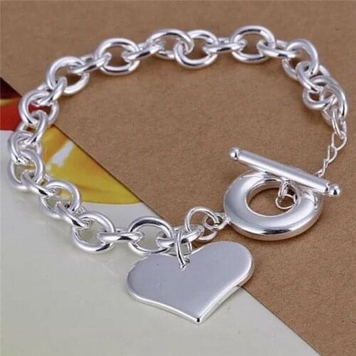 Creative Heart Chain Heart Button hanging Silver Plated Bracelet Fashion Womens Girls Nice Gift