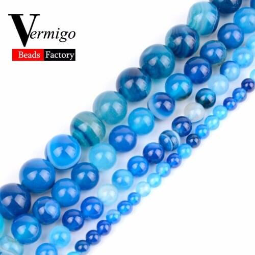 4 6 8 10 12mm Blue Stripe Agates Natural Stone Round Spacer Loose Beads For Jewelry Making Diy Bracelet Necklace 15" Wholesale