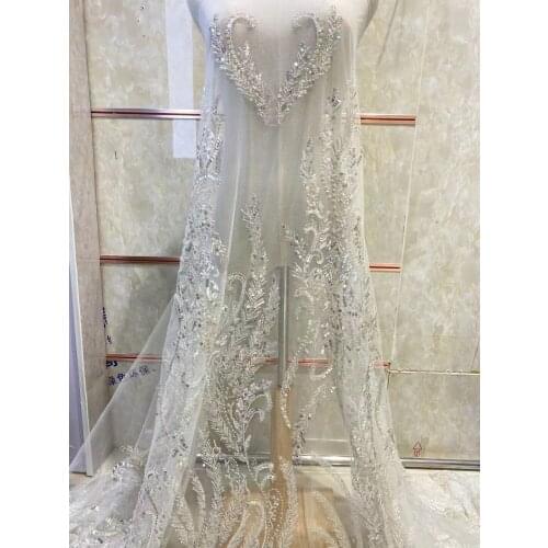 African Lace Fabric with beads and sequins L-318684 High Quality French Lace Fabric Nigerian Tulle Lace Fabric For Wedding Dress