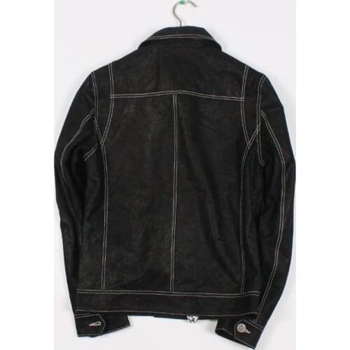 Harajuku Genuine Leather Jacket Men Turn-down Collar Single Breasted Pockets Streetwear Coats Black Male Real Leather jacket