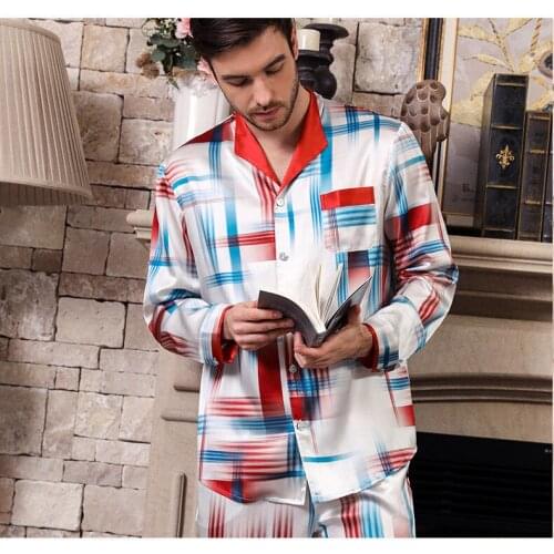 Mens silk pajamas two-piece suit long-sleeved 100% mulberry silk pajamas printed silk homewear