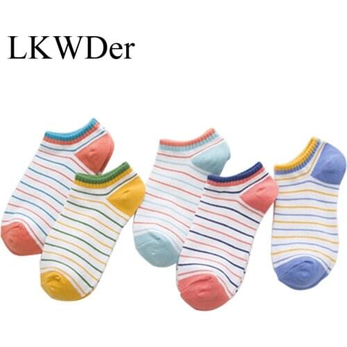LKWDer 5 Pairs Women Ankle Socks All-match Casual Striped Bright Color Cute Girls Socks Summer Autumn Cotton Sock Ladies Meias