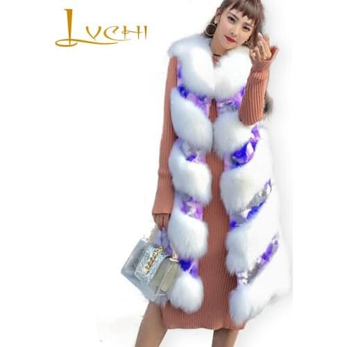 LVCHI Winter 2019 New Style Fox Fur Sleeveless Coat Real Natural Fur Coat O-Neck Print Flower Rex Rabbit Fur Fox Long Vest Coat