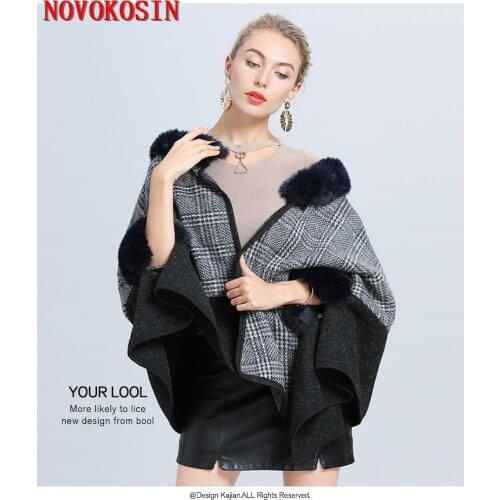 2020 New Fur Neck Grey Plaid Pashmina Patchwork Black Woolen Shawl Fur Sleeve Poncho Knitted Open Stitch Cardigan Plus Size Coat