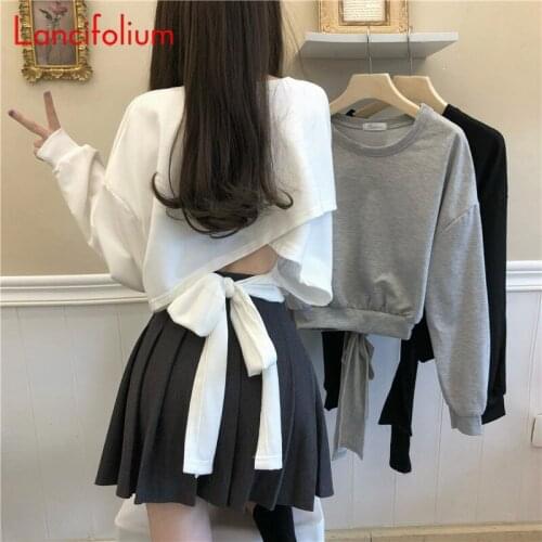 Fall Women 2021 Korean Hoodies Oversized Hollow Out Backlees Bandage Long Sleeve Kawaii Indie Cute Crop Top Crewneck Sweatshirts