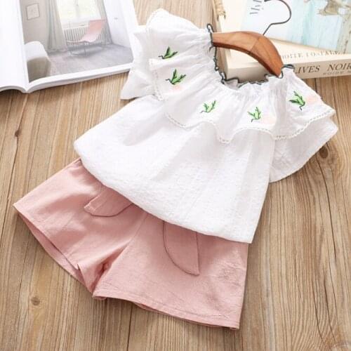 2 3 4 5 6 7 8 Year Toddler Girls Clothes Pineapple Embroidery White Tops Bow Shorts Kids Suits Summer Baby Children Clothing Set