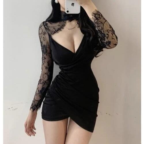 Panel Black Lace Long Sleeve Dress Female Sexy Deep V Low Chest Tight Package Hip Dress Nightclub Party Dress Mini Backles B887