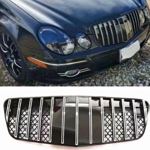 For Mercedes Benz W211 E Class 2007-2009 GT Style AMG Front Grille Chrome Upper Bumper Hood Mesh Kit Splitter Replacement Grill