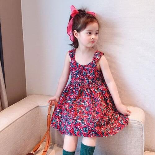 Girls Vest Dress 2021 Summer Sleeveless Flower Print Children Dress Korean Style Princess Holiday Dresses DT319