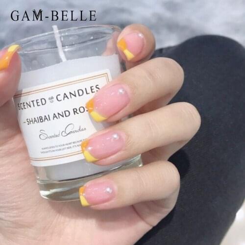 GAM-BELLE Professional Full Cover Fake Press on Nails Yellow Orange French Tips False Artificial Nail Art Tips Manicure Tool